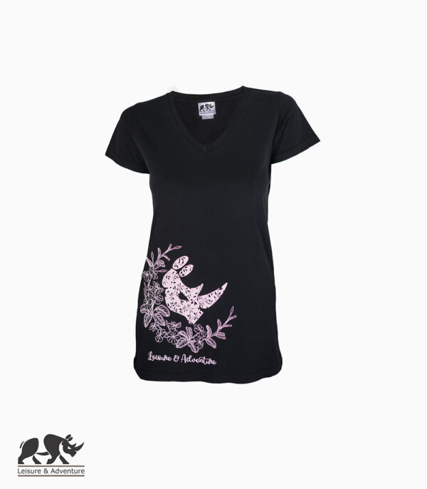 L&A Daisy Rhino Ladies Black Cotton V-Neck T-Shirt