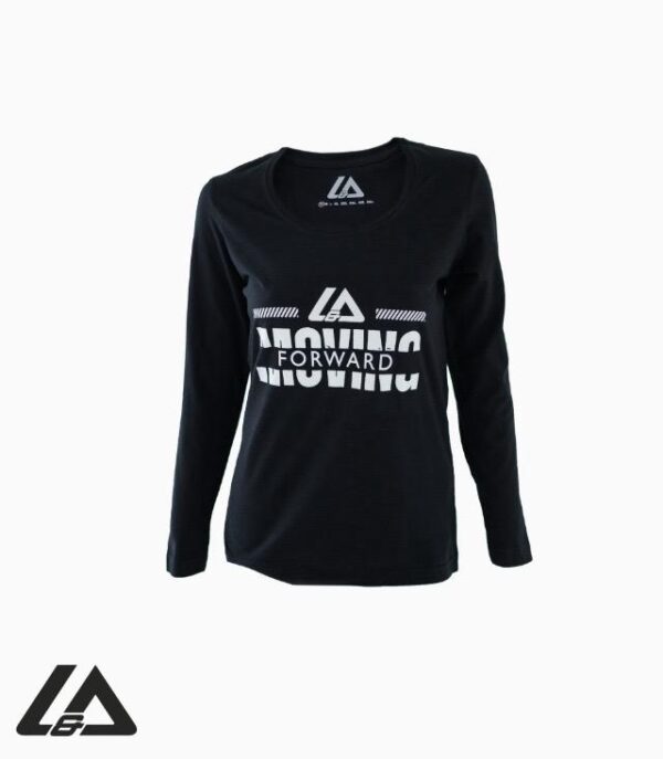 LADIES TSHIRT MOVING FORWARD R/NECK BLACK
