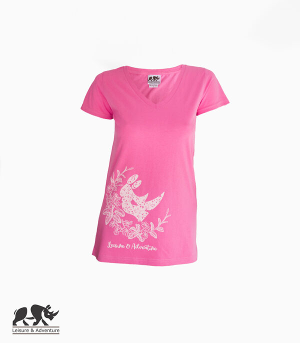 L&A Daisy Rhino Ladies Pink Cotton V-Neck T-Shirt