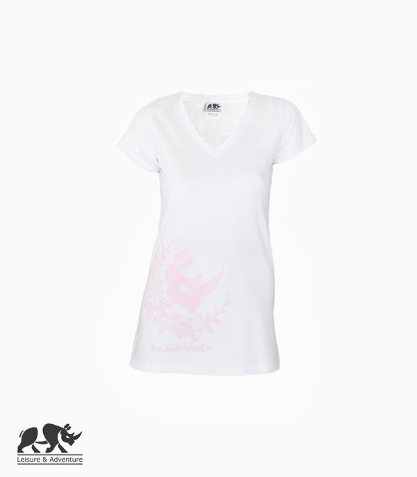 L&A Daisy Rhino Ladies White Cotton V-Neck T-Shirt